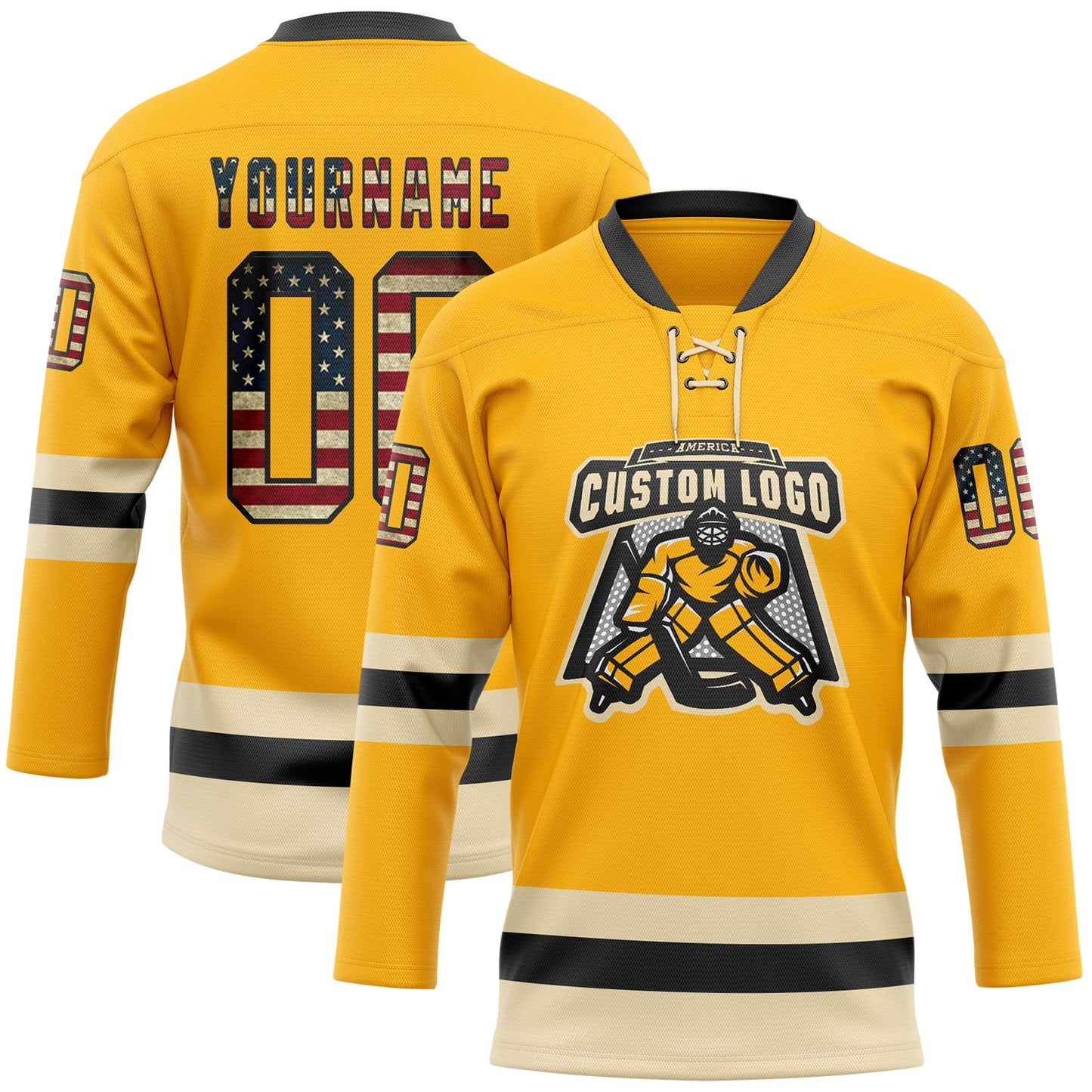 Custom Gold Vintage USA Flag Black-Cream Hockey Lace Neck Jersey view 2