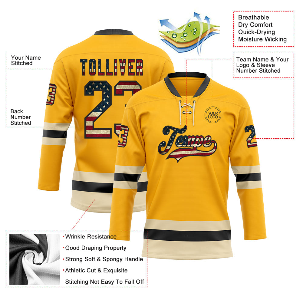 Custom Gold Vintage USA Flag Black-Cream Hockey Lace Neck Jersey view 3