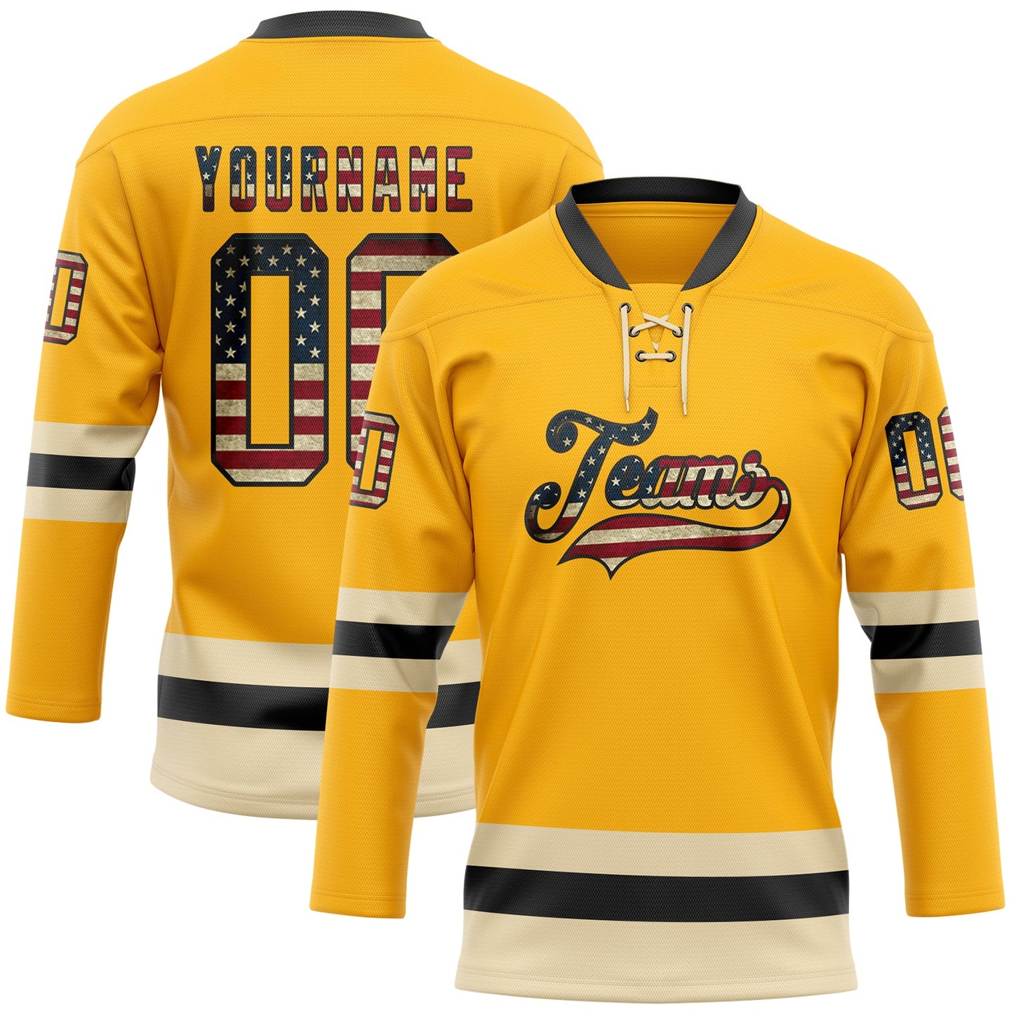 Custom Gold Vintage USA Flag Black-Cream Hockey Lace Neck Jersey - Main View