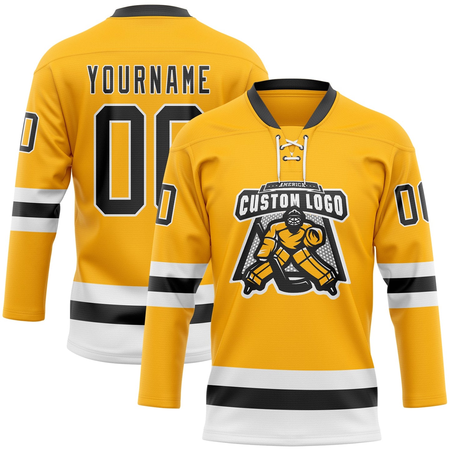 Custom Gold Black-White Hockey Lace Neck Jersey view 2