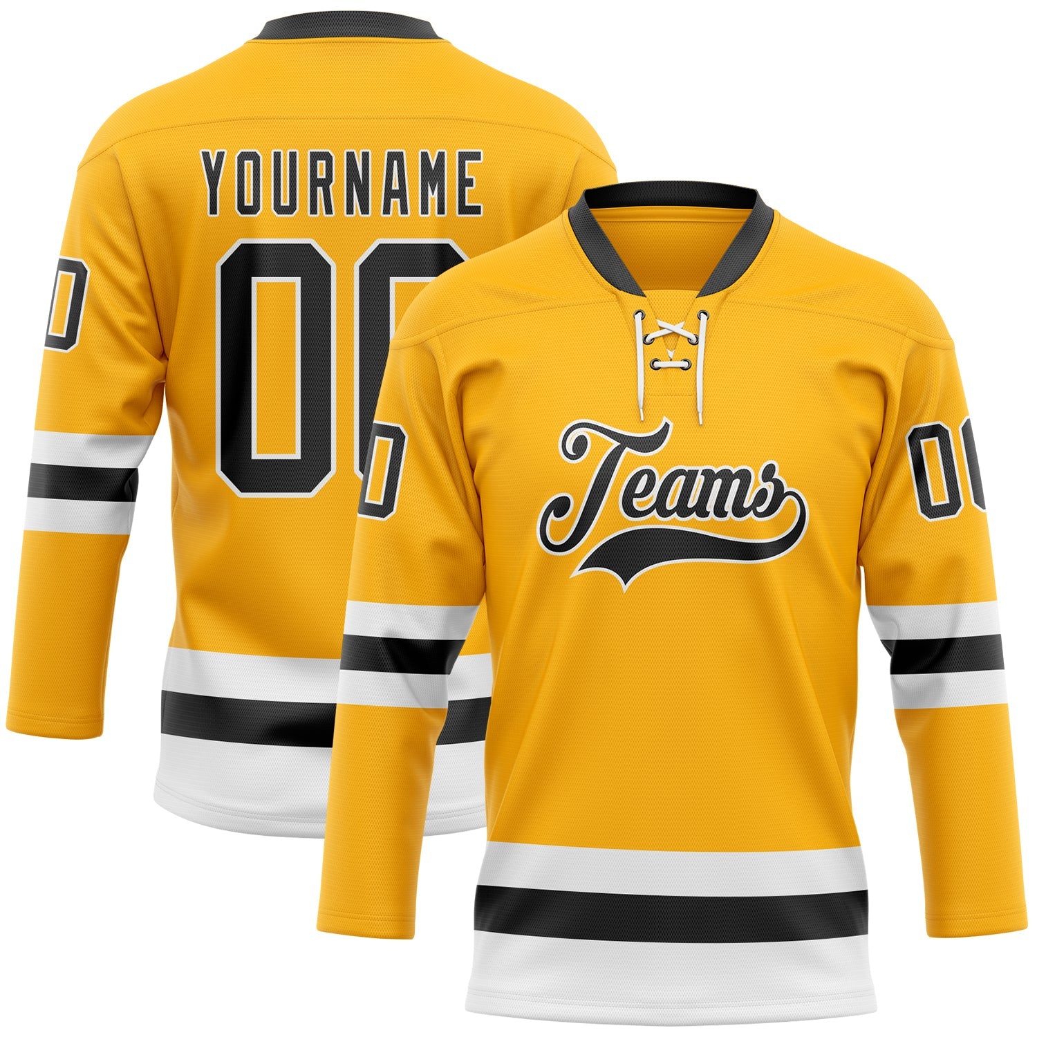 Custom Gold Black-White Hockey Lace Neck Jersey - Main View