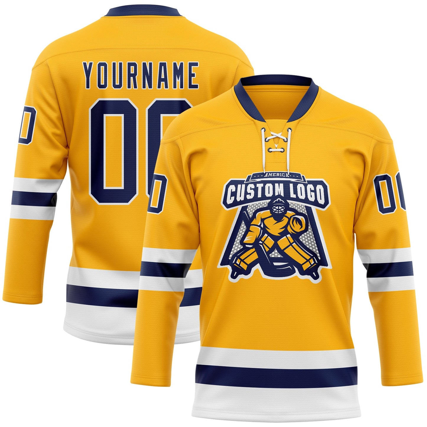 Custom Gold Navy-White Hockey Lace Neck Jersey view 2