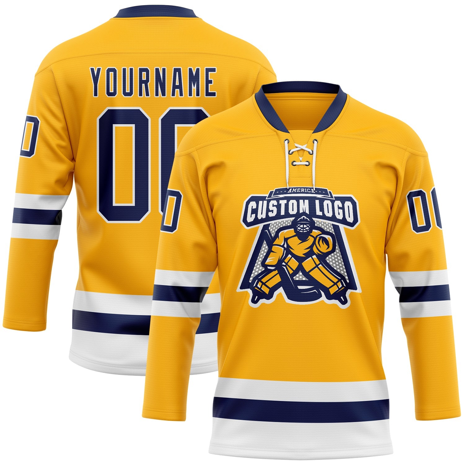 Custom Gold Navy-White Hockey Lace Neck Jersey view 2
