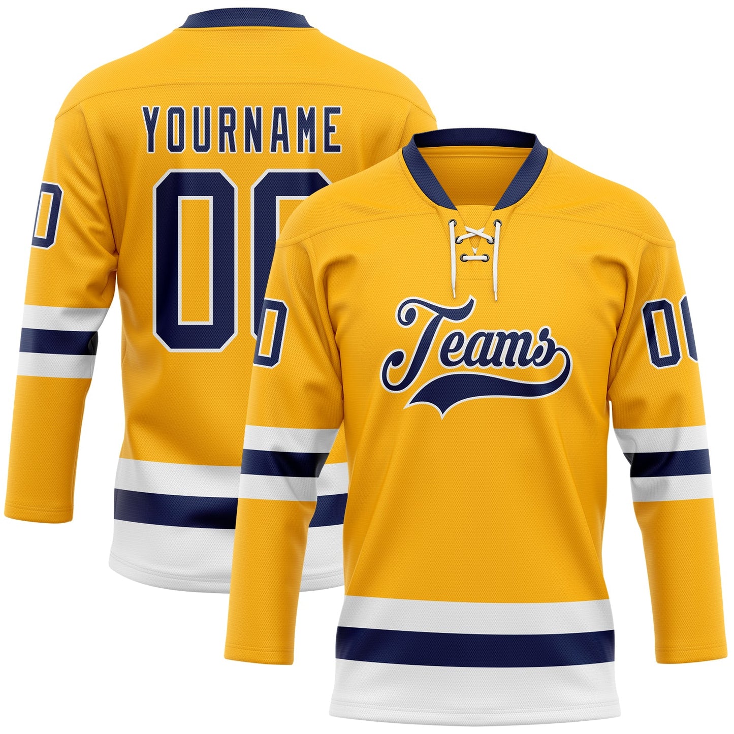 Custom Gold Navy-White Hockey Lace Neck Jersey - Main View