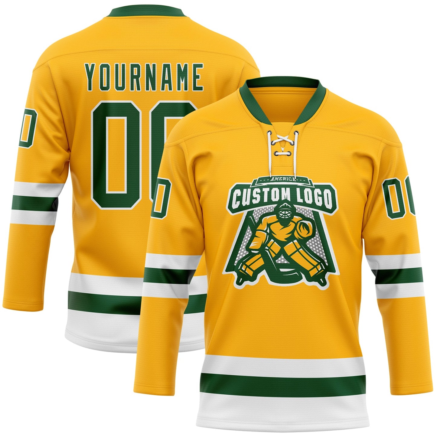 Custom Gold Green-White Hockey Lace Neck Jersey view 2