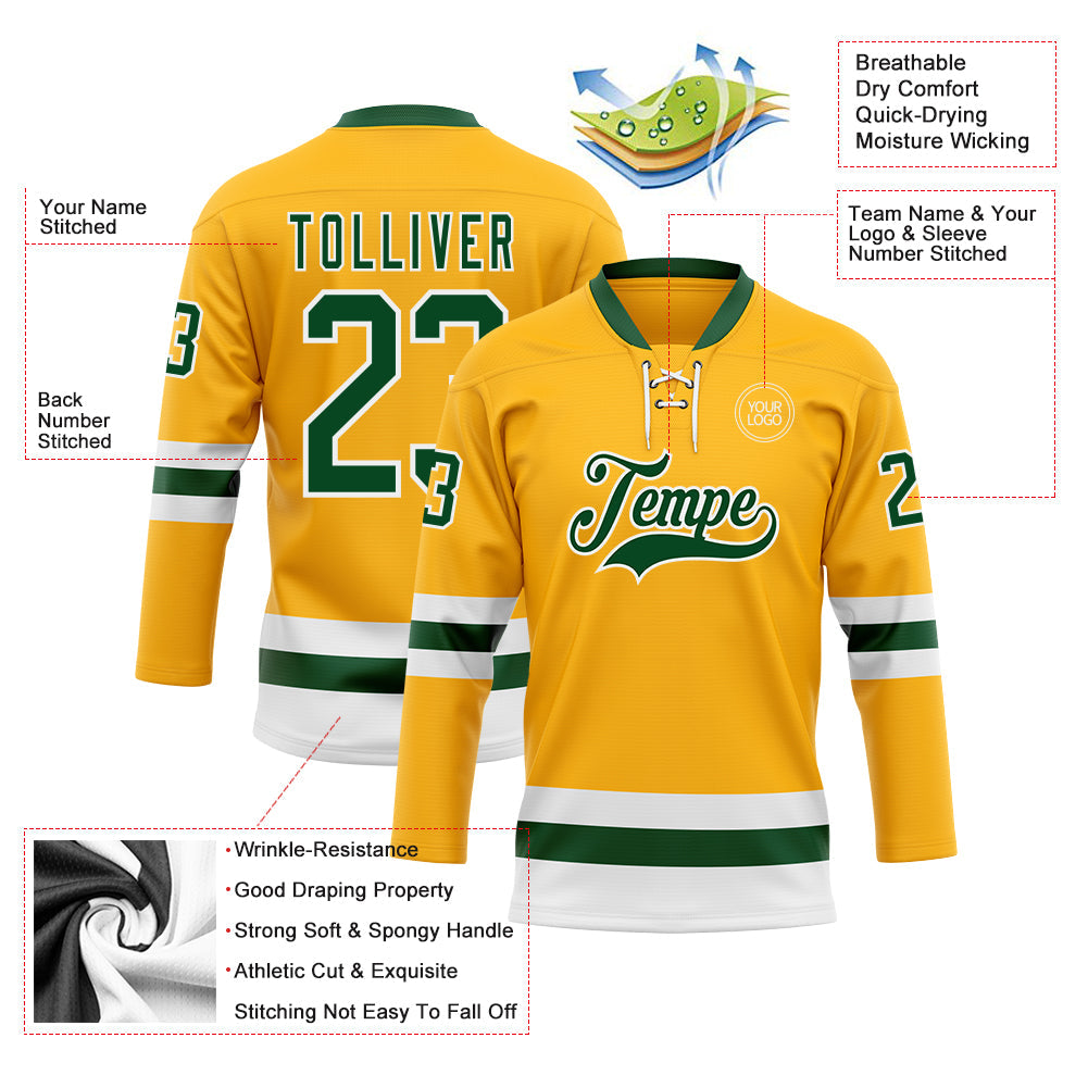 Custom Gold Green-White Hockey Lace Neck Jersey view 3