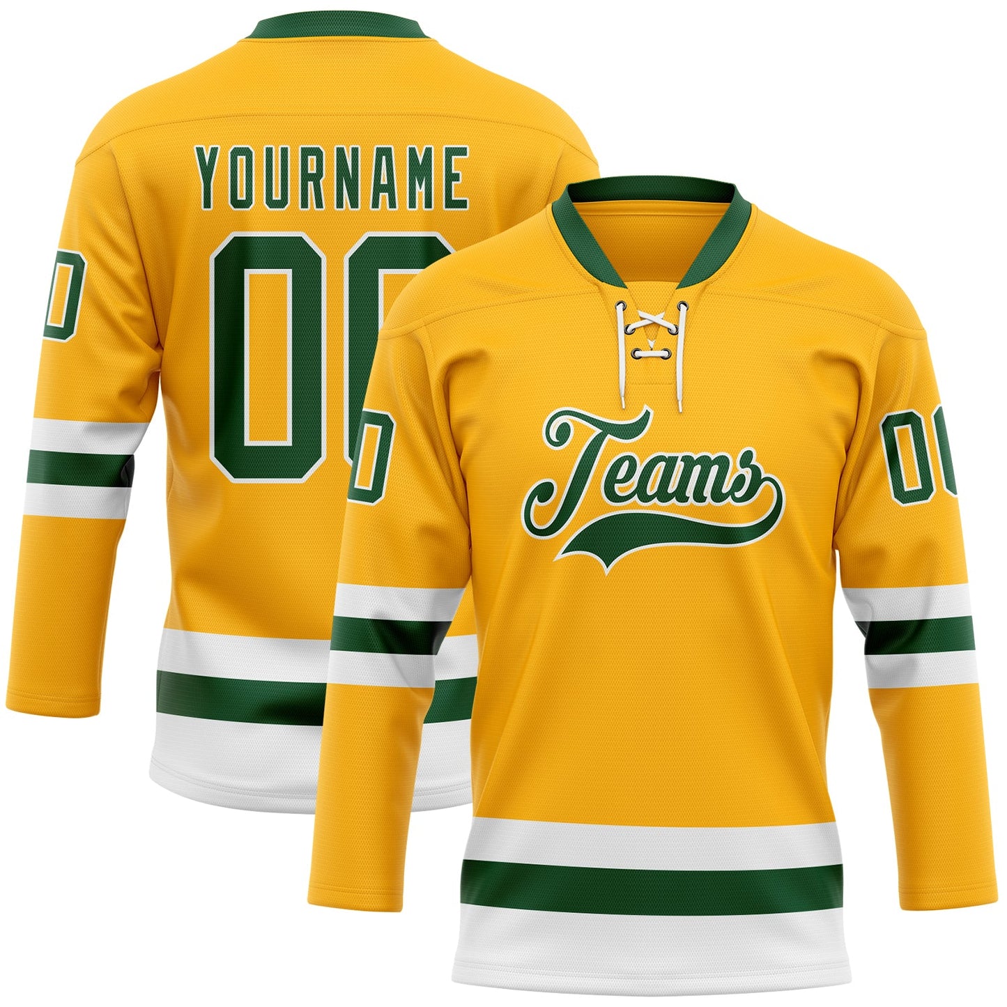 Custom Gold Green-White Hockey Lace Neck Jersey - Main View