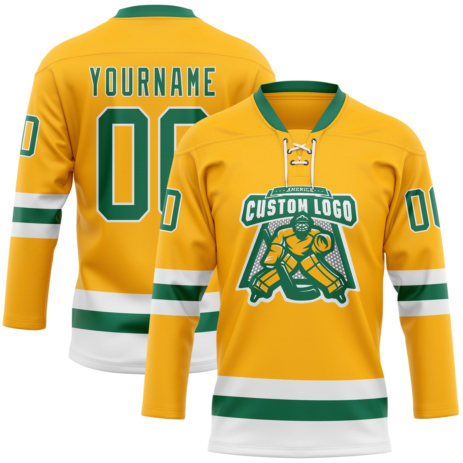 Custom Gold Kelly Green-White Hockey Lace Neck Jersey view 2