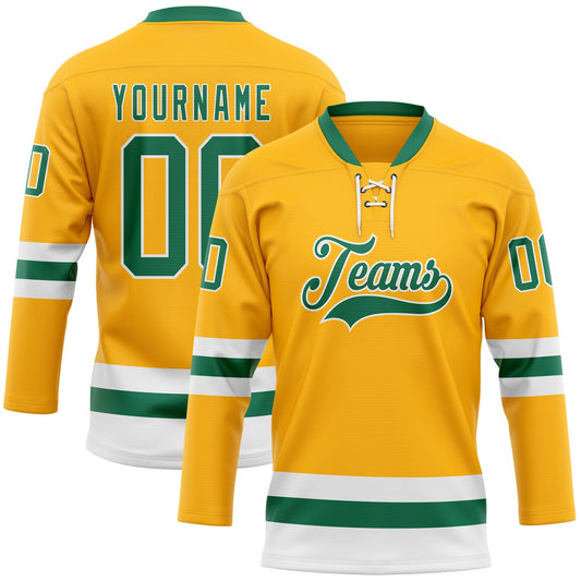 Custom Gold Kelly Green-White Hockey Lace Neck Jersey - Main View