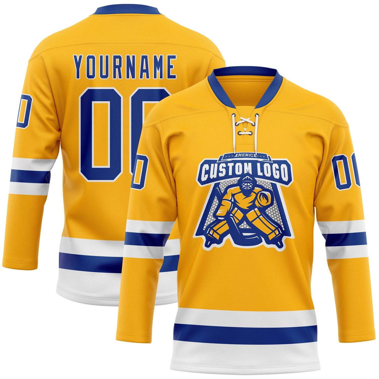 Custom Gold Royal-White Hockey Lace Neck Jersey view 2