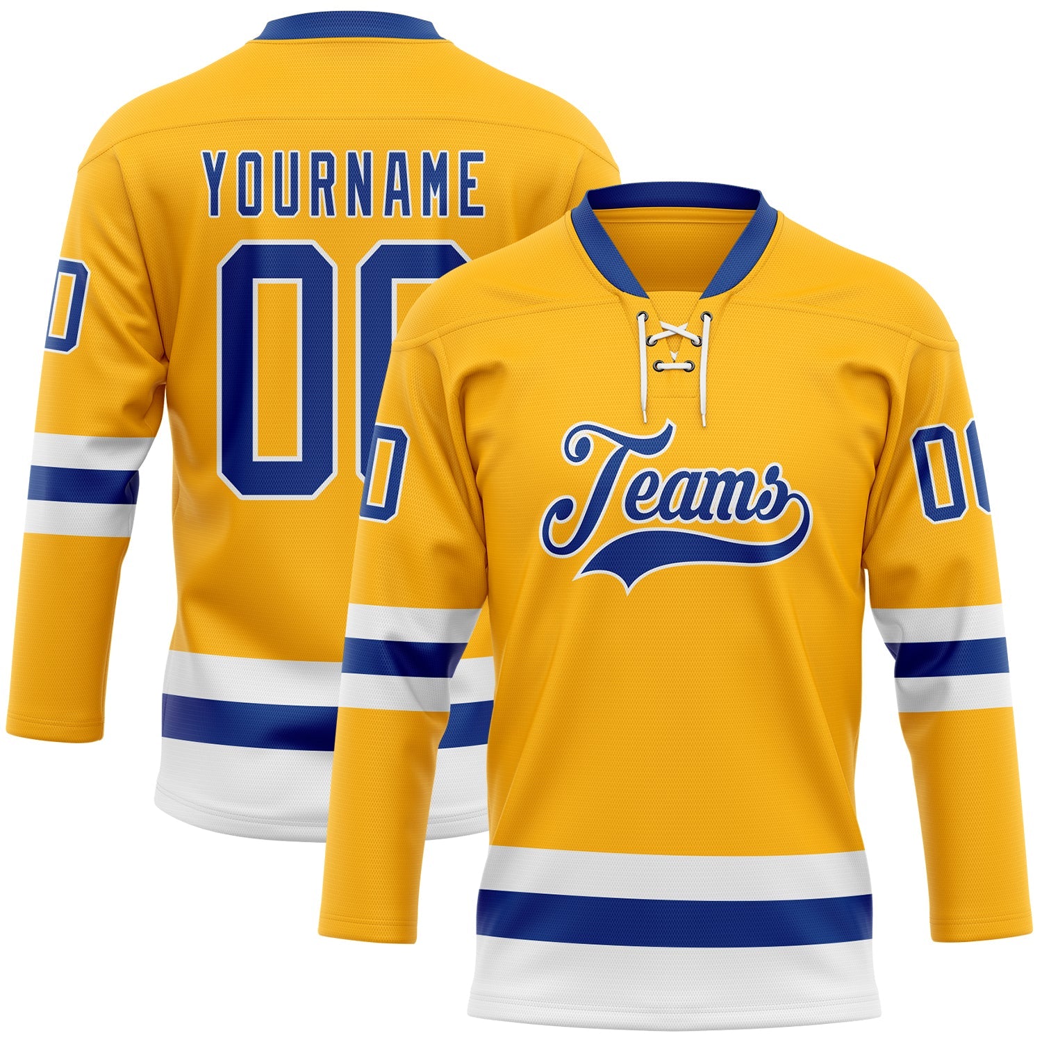 Custom Gold Royal-White Hockey Lace Neck Jersey - Main View