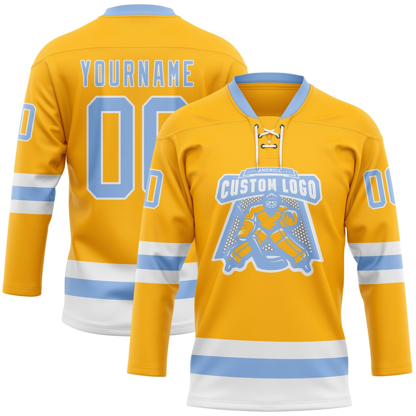 Custom Gold Light Blue-White Hockey Lace Neck Jersey view 2