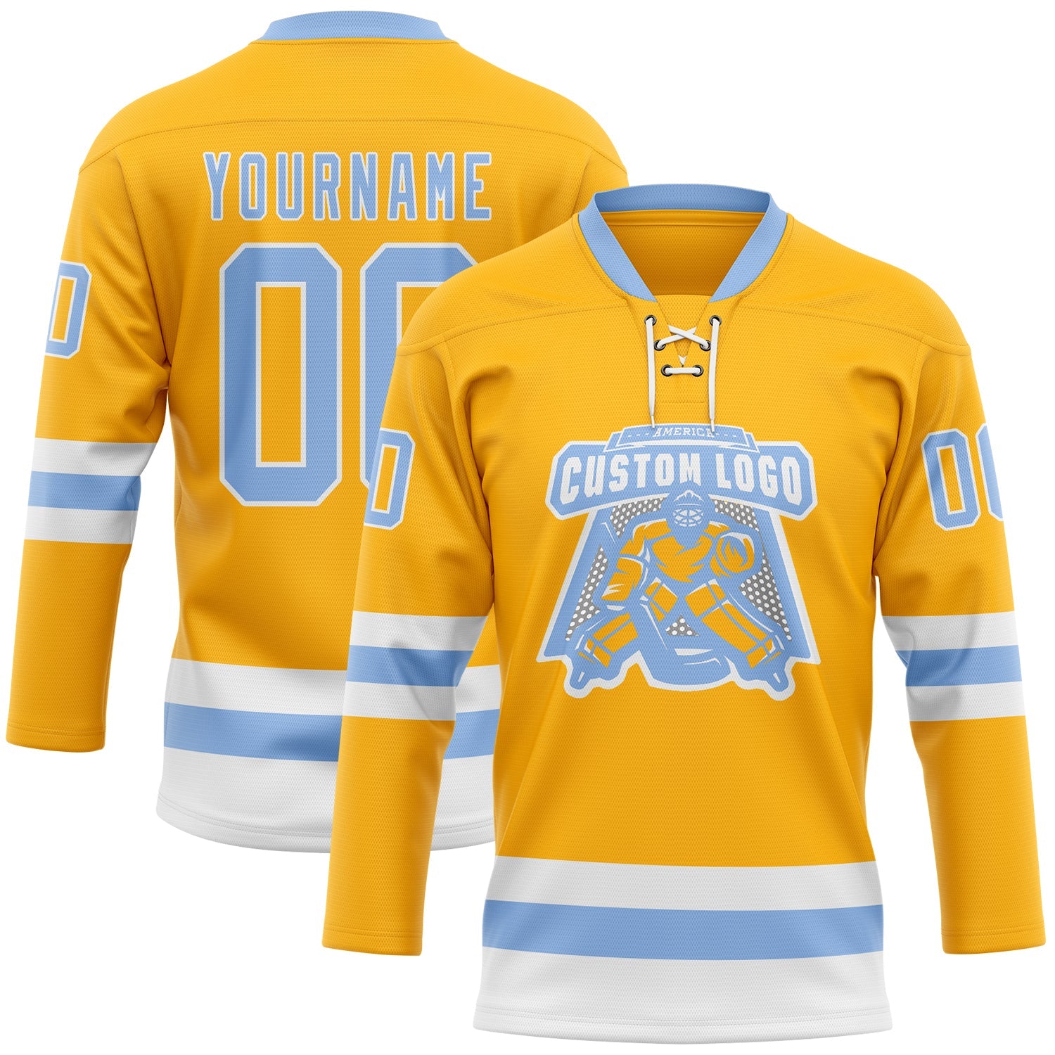 Custom Gold Light Blue-White Hockey Lace Neck Jersey view 2