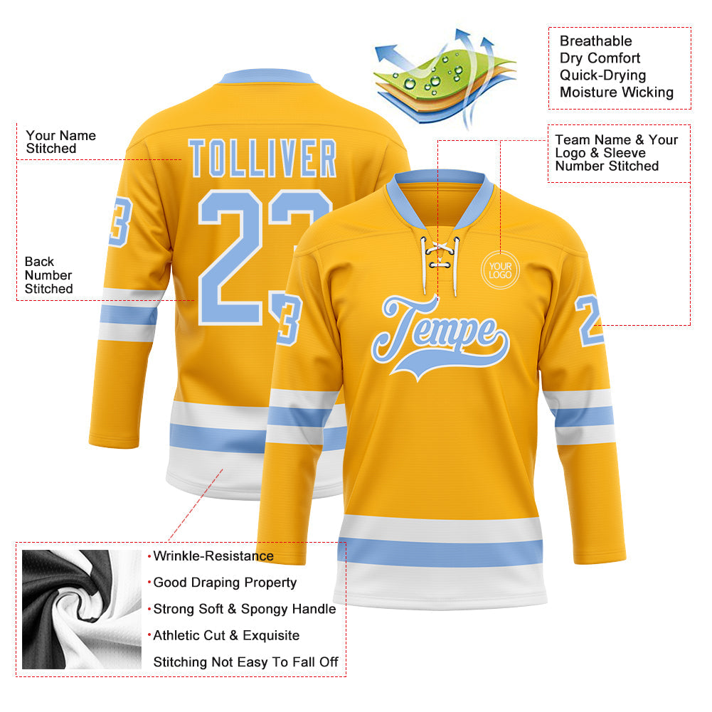 Custom Gold Light Blue-White Hockey Lace Neck Jersey view 3