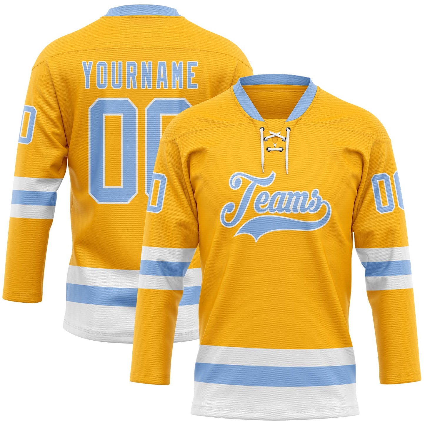 Custom Gold Light Blue-White Hockey Lace Neck Jersey - Main View