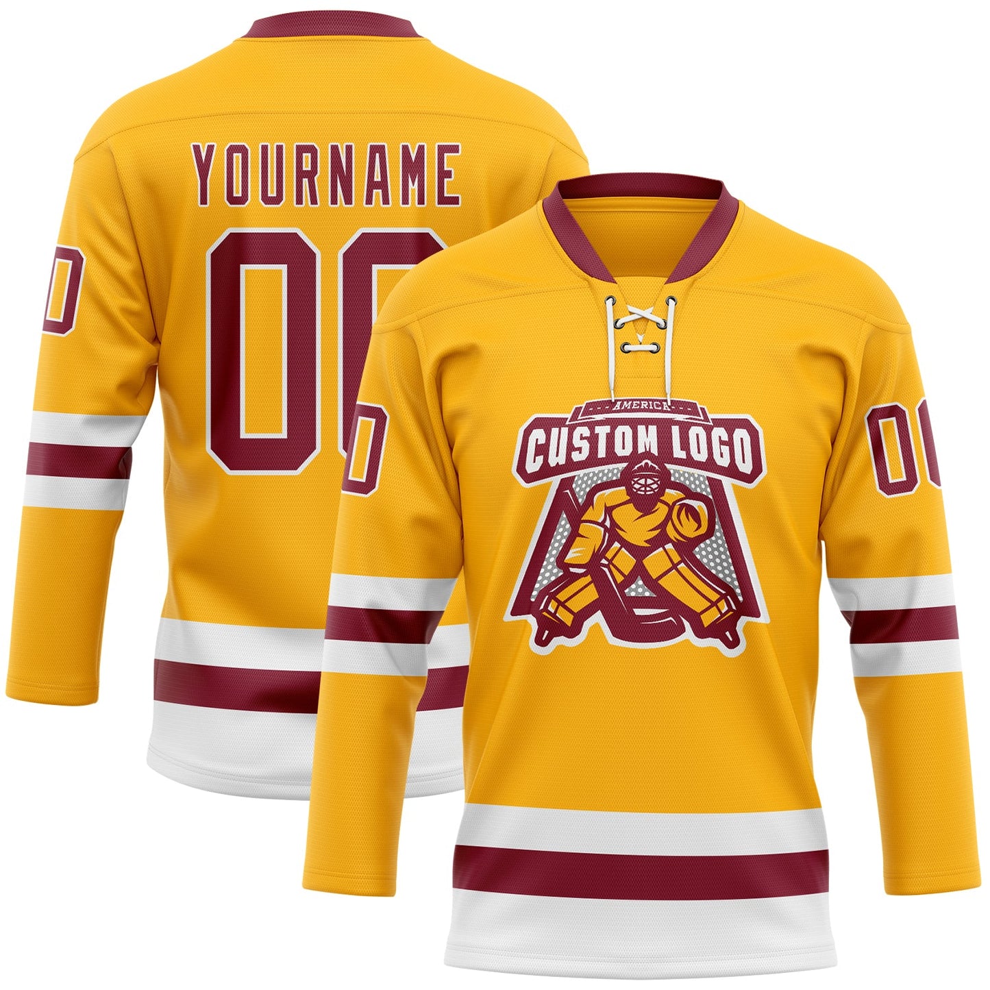 Custom Gold Crimson-White Hockey Lace Neck Jersey view 2