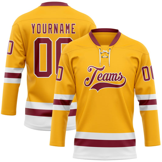 Custom Gold Crimson-White Hockey Lace Neck Jersey - Main View