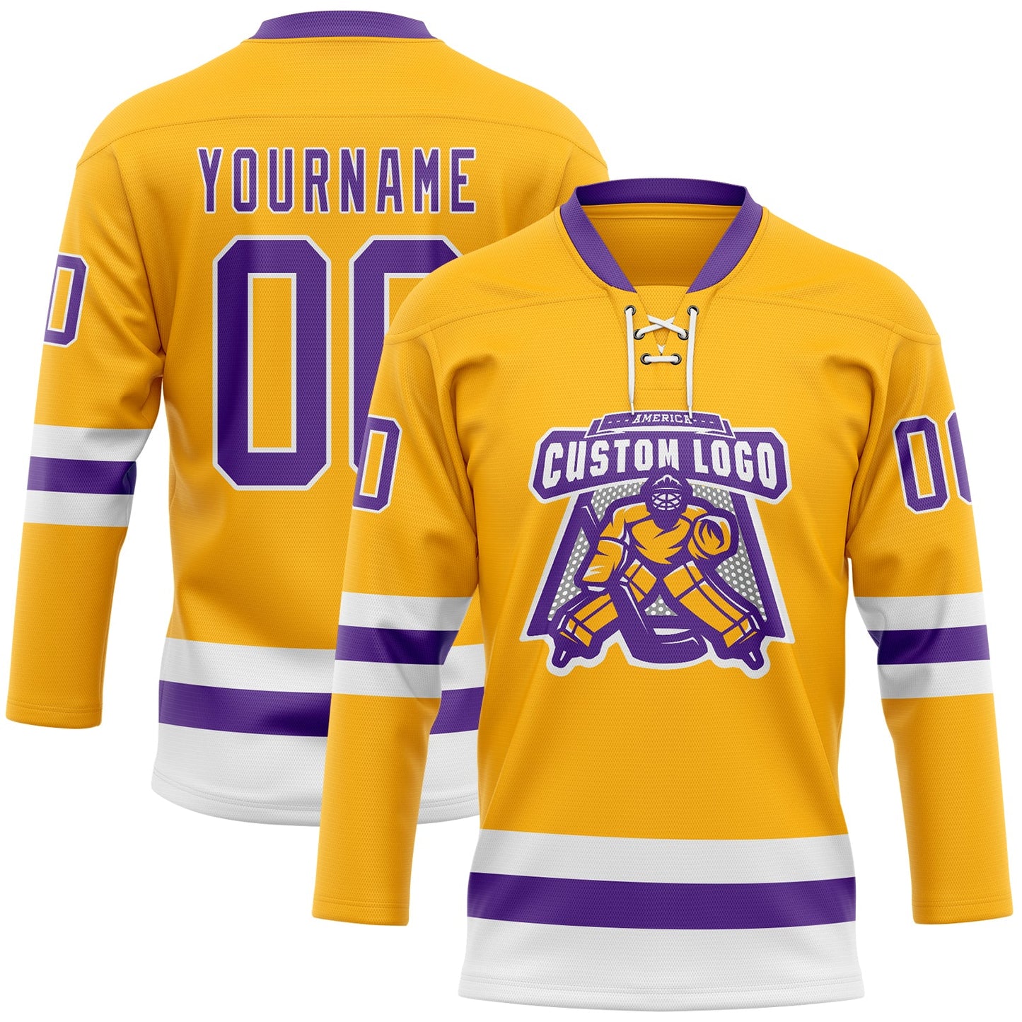 Custom Gold Purple-White Hockey Lace Neck Jersey view 2