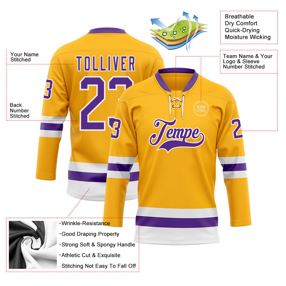 Custom Gold Purple-White Hockey Lace Neck Jersey view 3