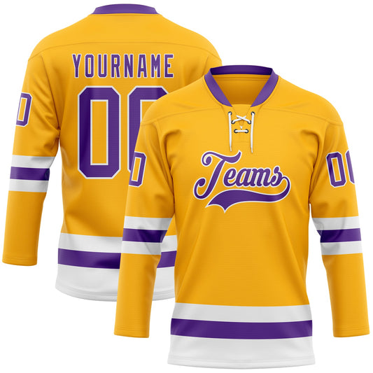 Custom Gold Purple-White Hockey Lace Neck Jersey - Main View