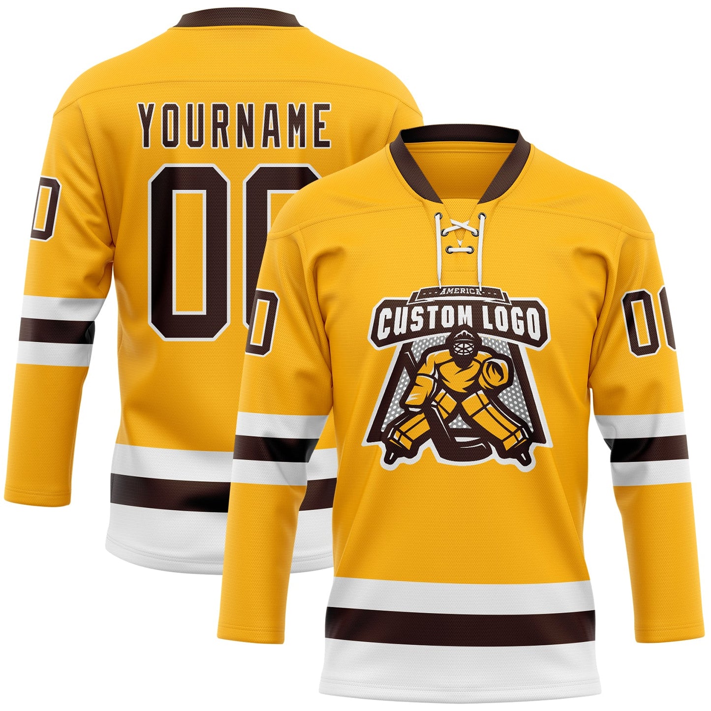 Custom Gold Brown-White Hockey Lace Neck Jersey view 2