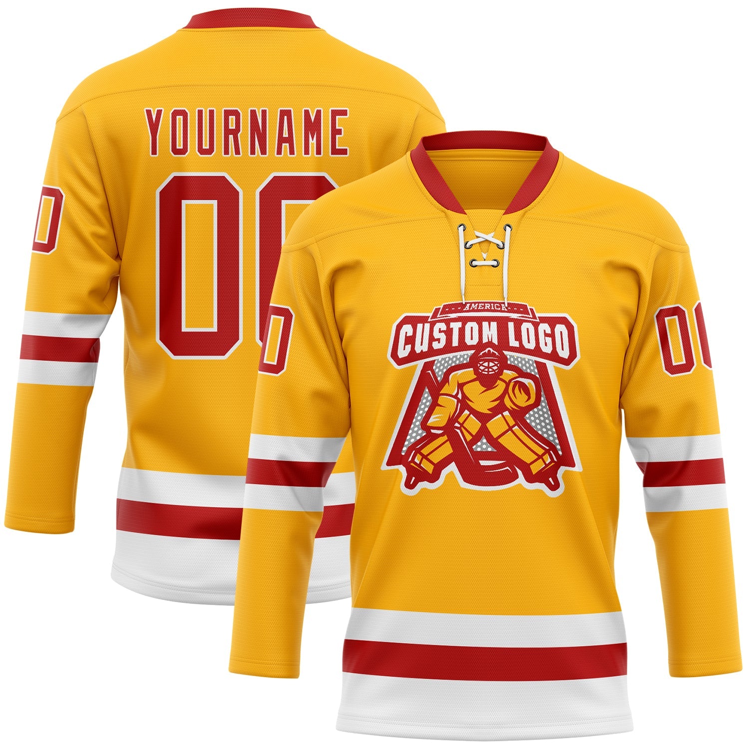 Custom Gold Red-White Hockey Lace Neck Jersey view 2