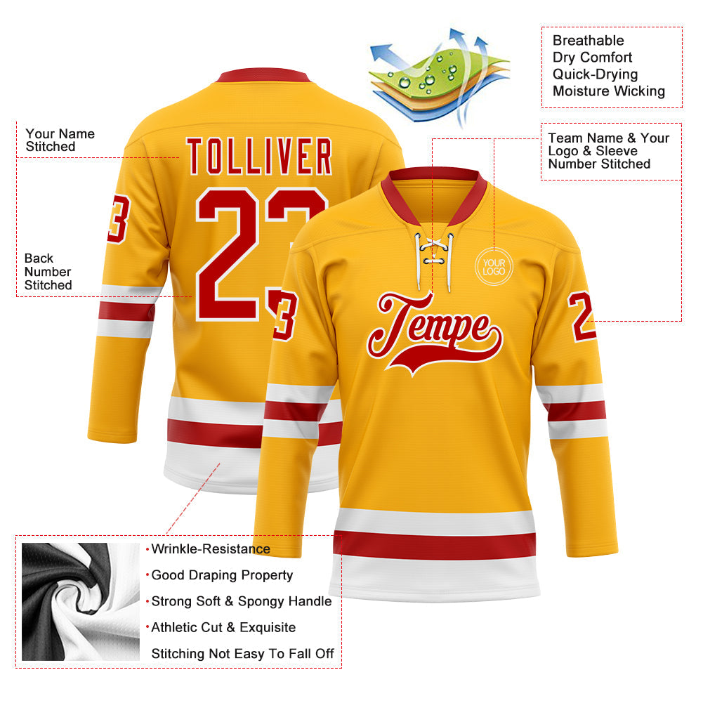 Custom Gold Red-White Hockey Lace Neck Jersey view 3