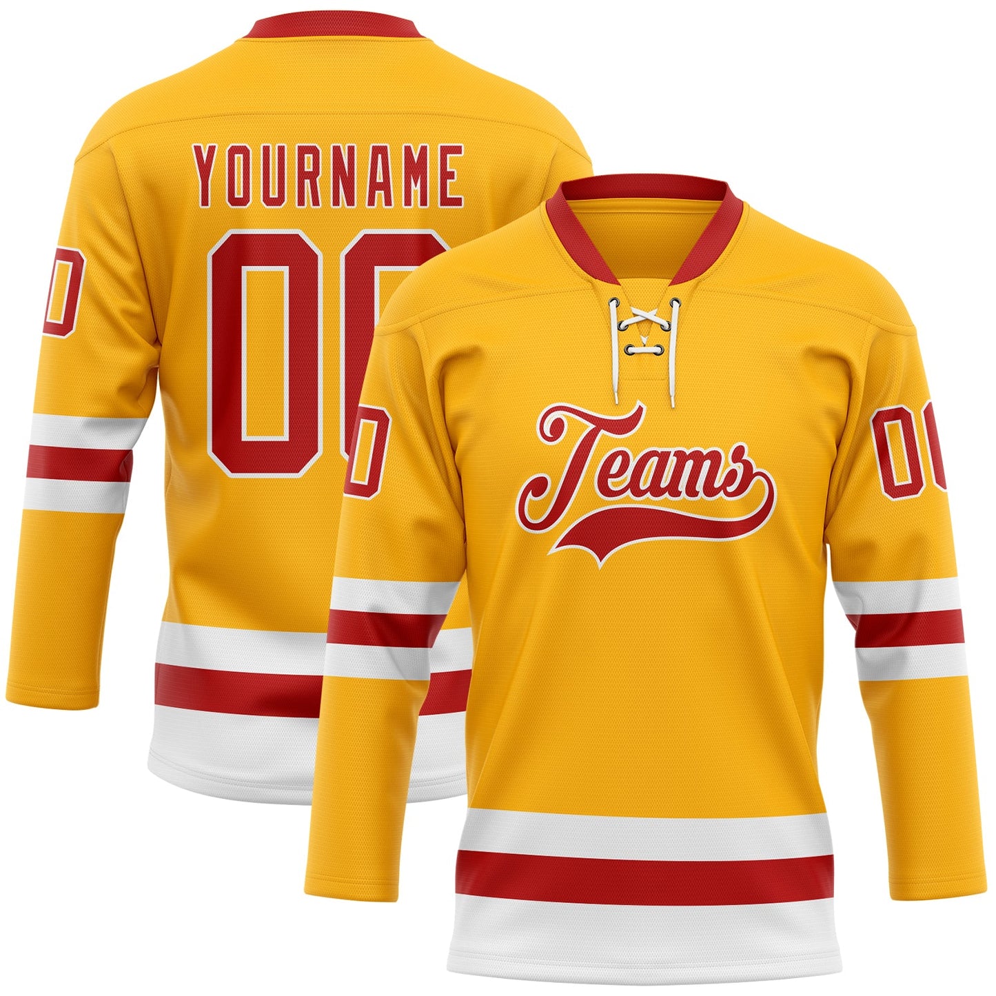 Custom Gold Red-White Hockey Lace Neck Jersey - Main View