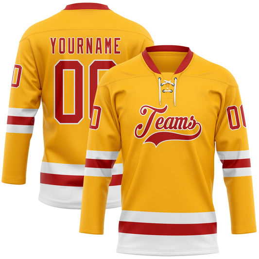 Custom Gold Red-White Hockey Lace Neck Jersey - Main View