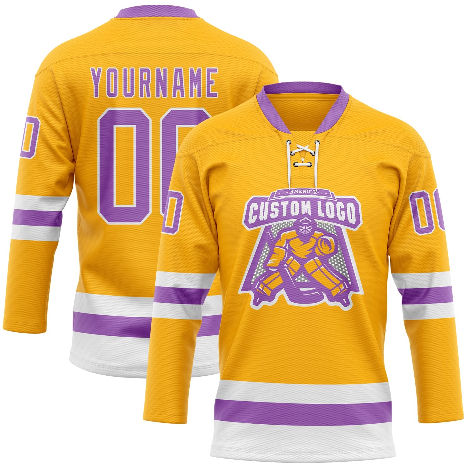 Custom Gold Medium Purple-White Hockey Lace Neck Jersey view 2