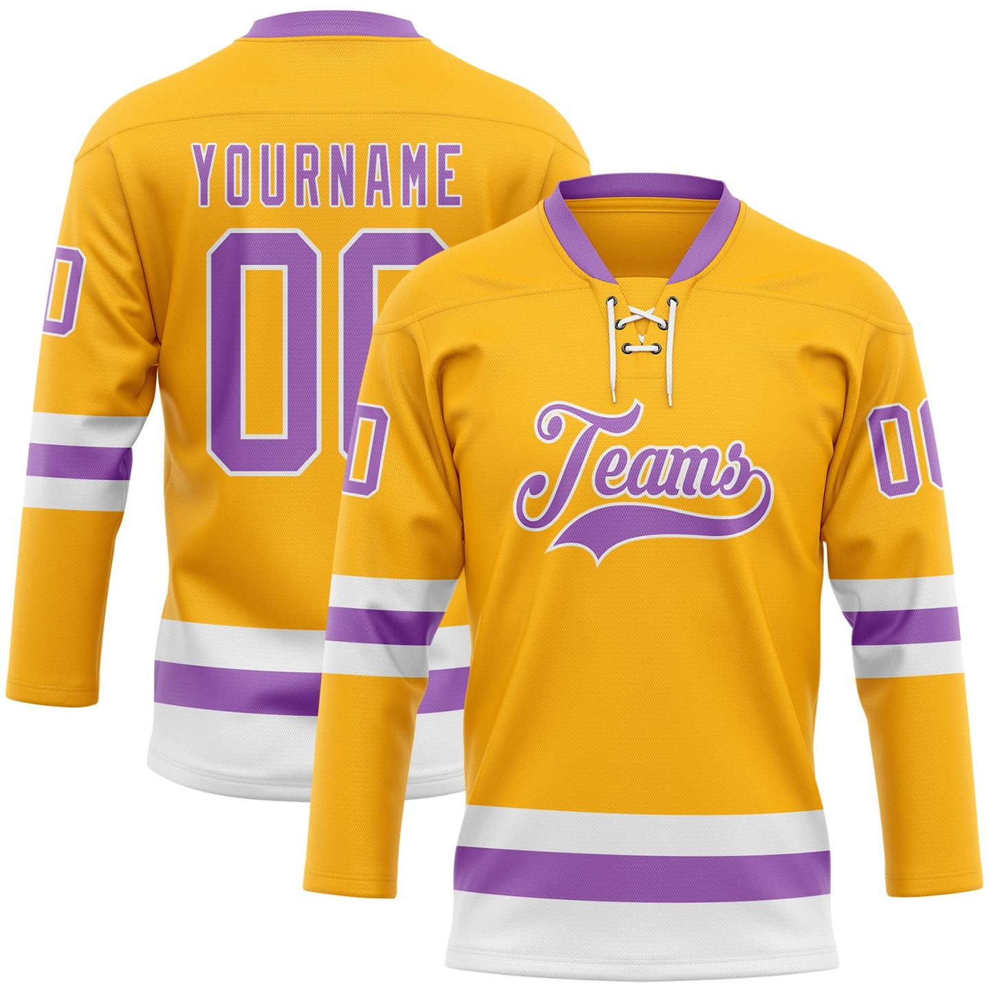 Custom Gold Medium Purple-White Hockey Lace Neck Jersey - Main View