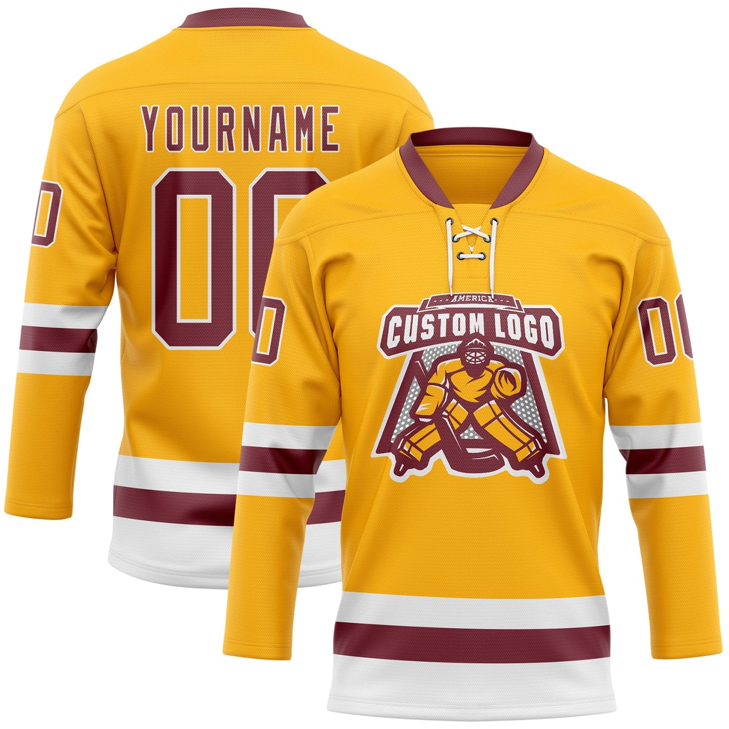 Custom Gold Burgundy-White Hockey Lace Neck Jersey view 2