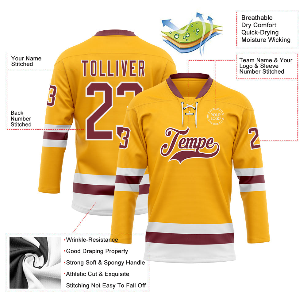 Custom Gold Burgundy-White Hockey Lace Neck Jersey view 3