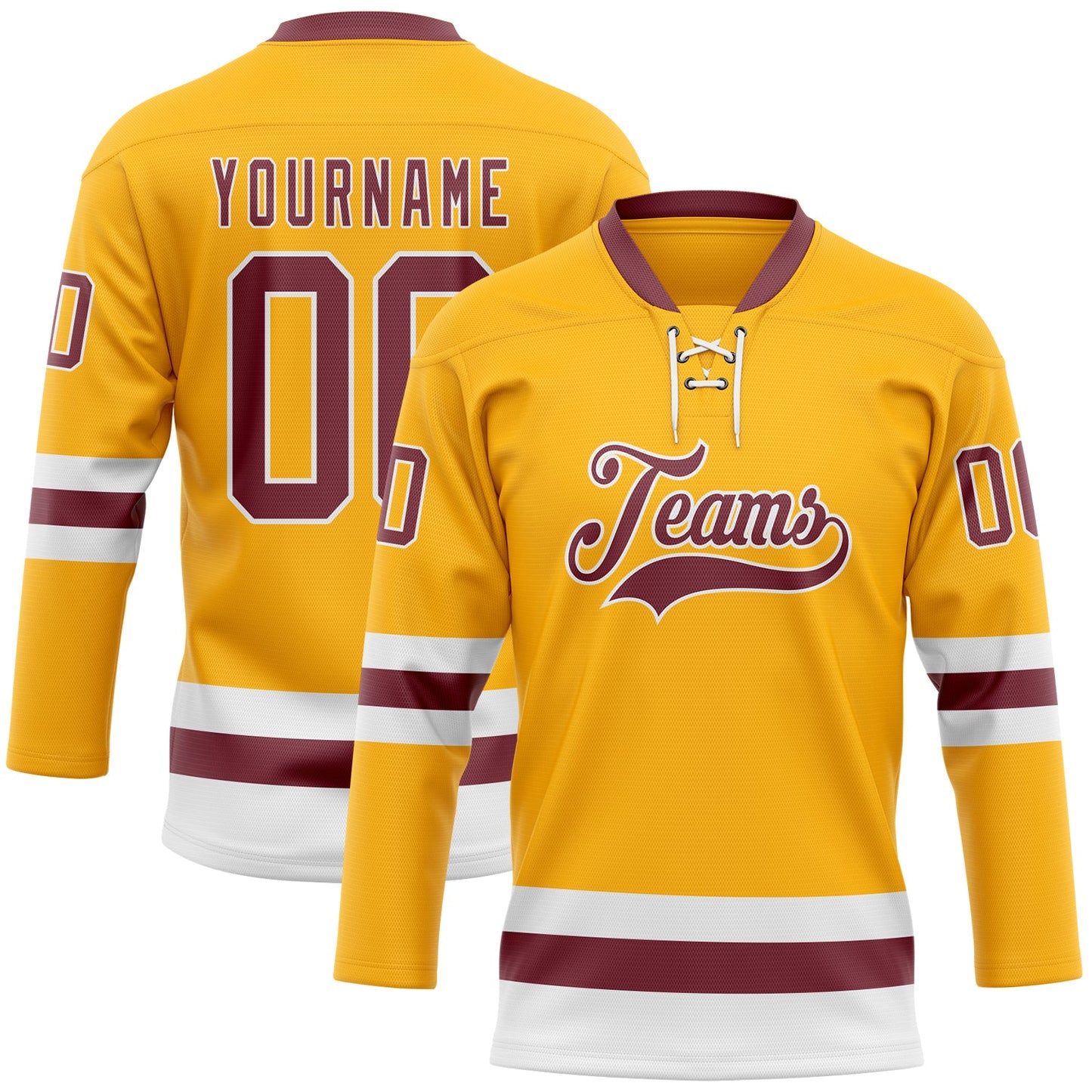 Custom Gold Burgundy-White Hockey Lace Neck Jersey - Main View