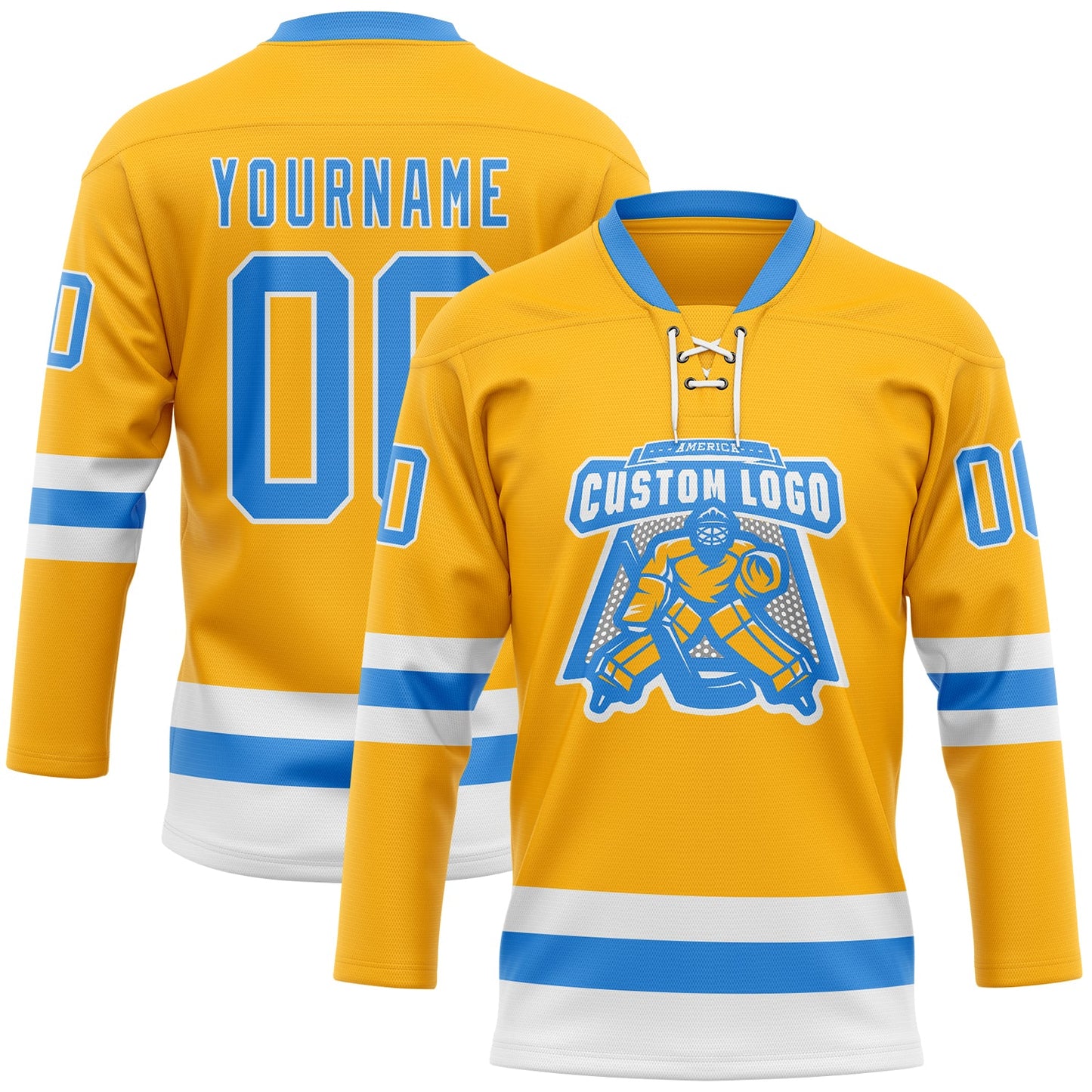 Custom Gold Powder Blue-White Hockey Lace Neck Jersey view 2