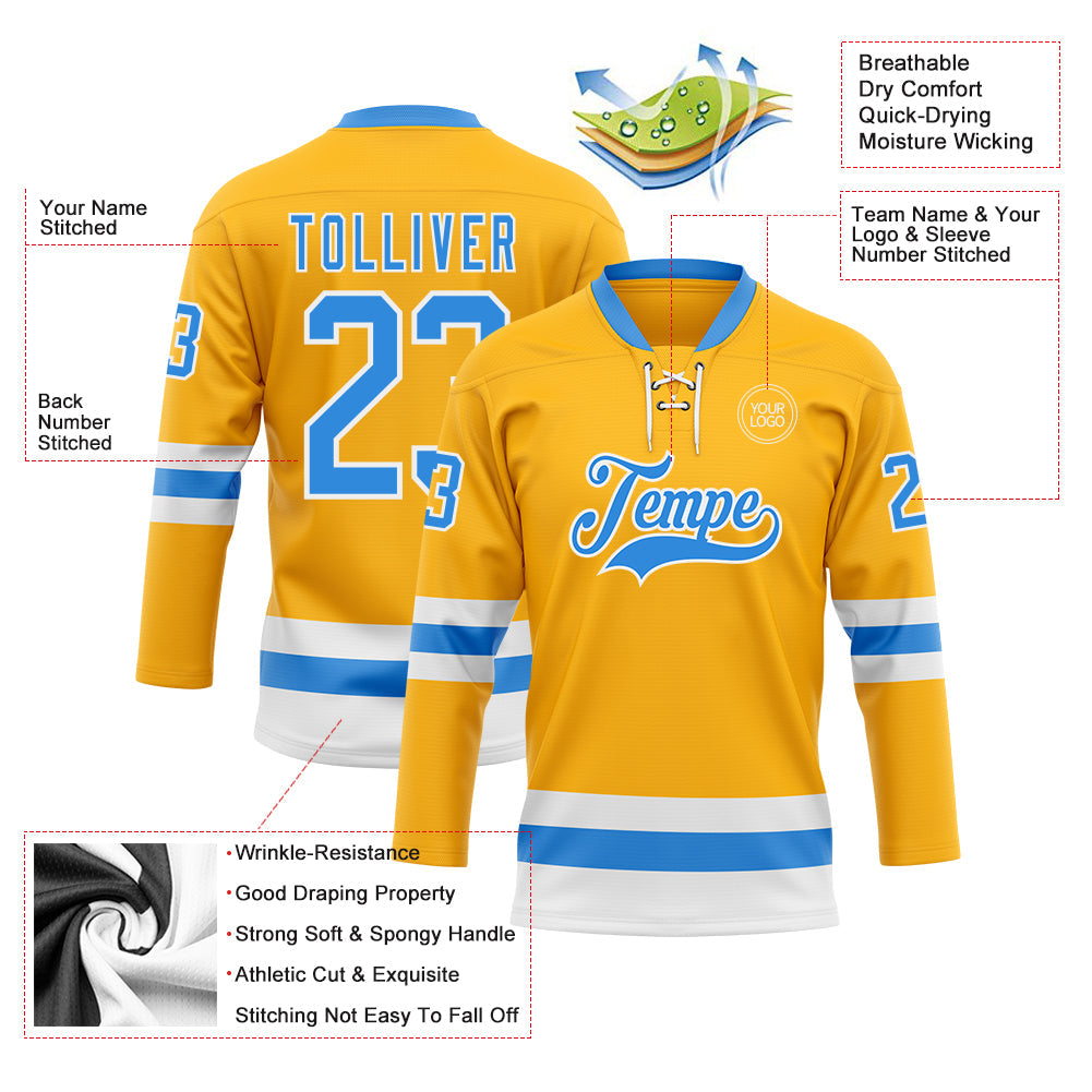 Custom Gold Powder Blue-White Hockey Lace Neck Jersey view 3