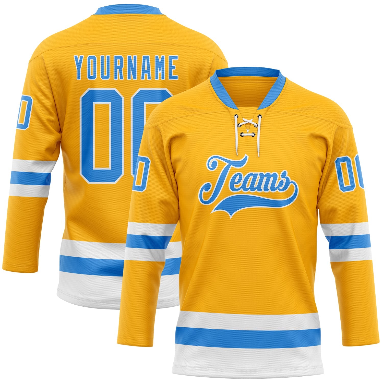 Custom Gold Powder Blue-White Hockey Lace Neck Jersey - Main View