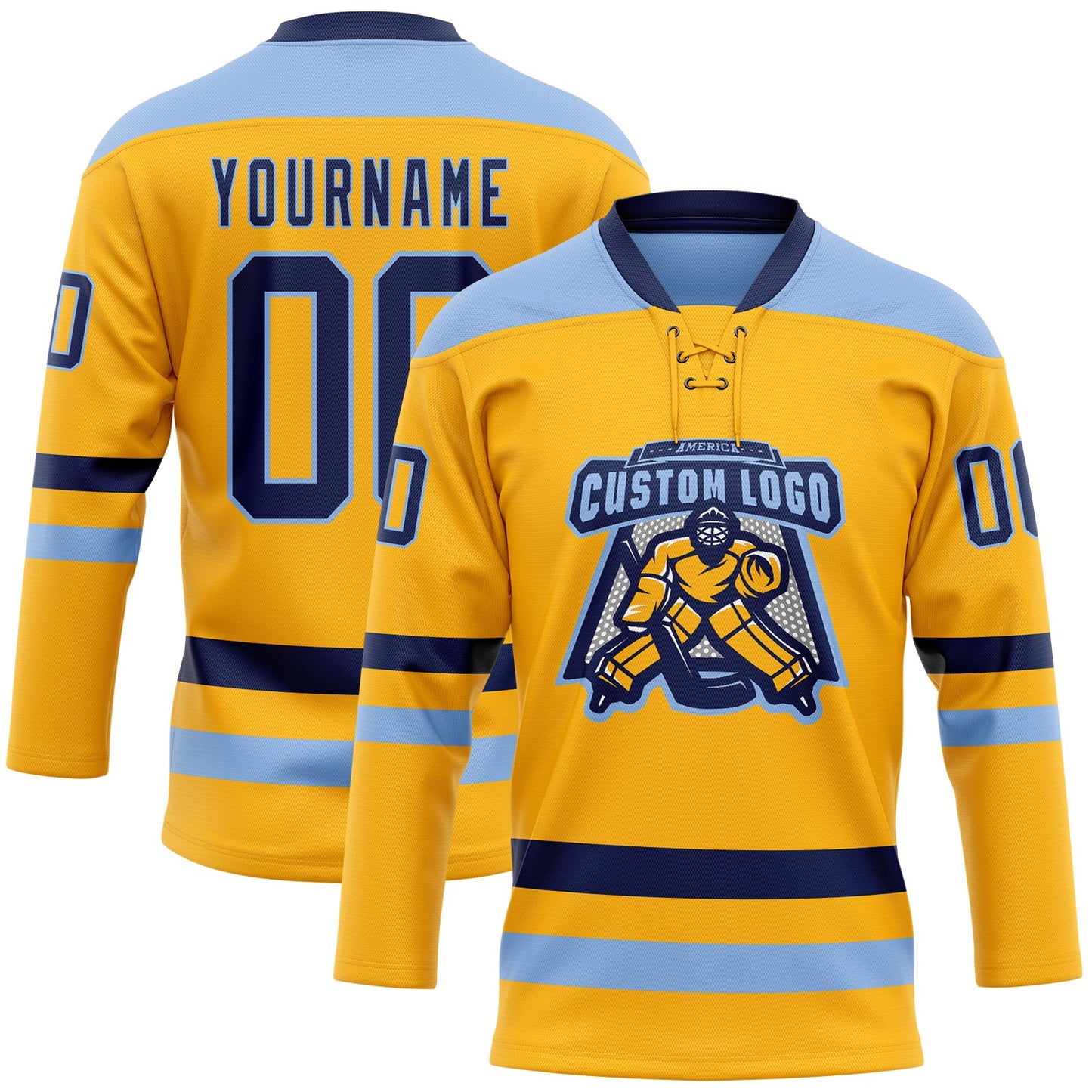 Custom Gold Navy-Light Blue Hockey Lace Neck Jersey view 2