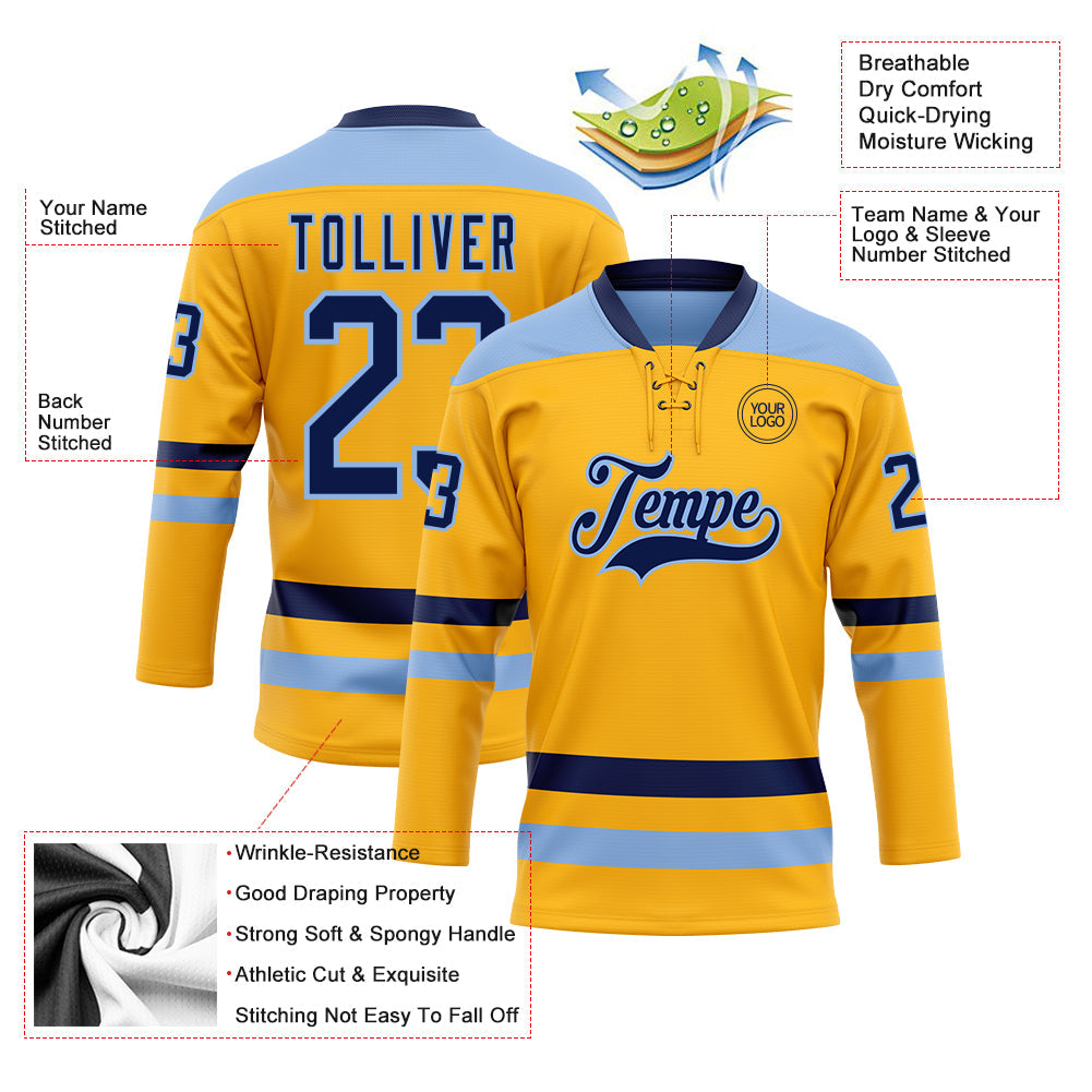 Custom Gold Navy-Light Blue Hockey Lace Neck Jersey view 3