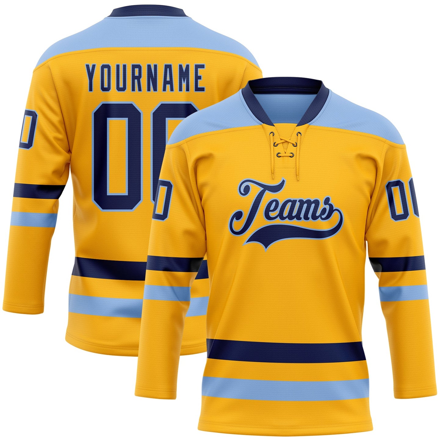 Custom Gold Navy-Light Blue Hockey Lace Neck Jersey - Main View
