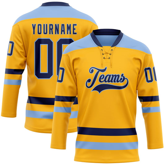Custom Gold Navy-Light Blue Hockey Lace Neck Jersey - Main View
