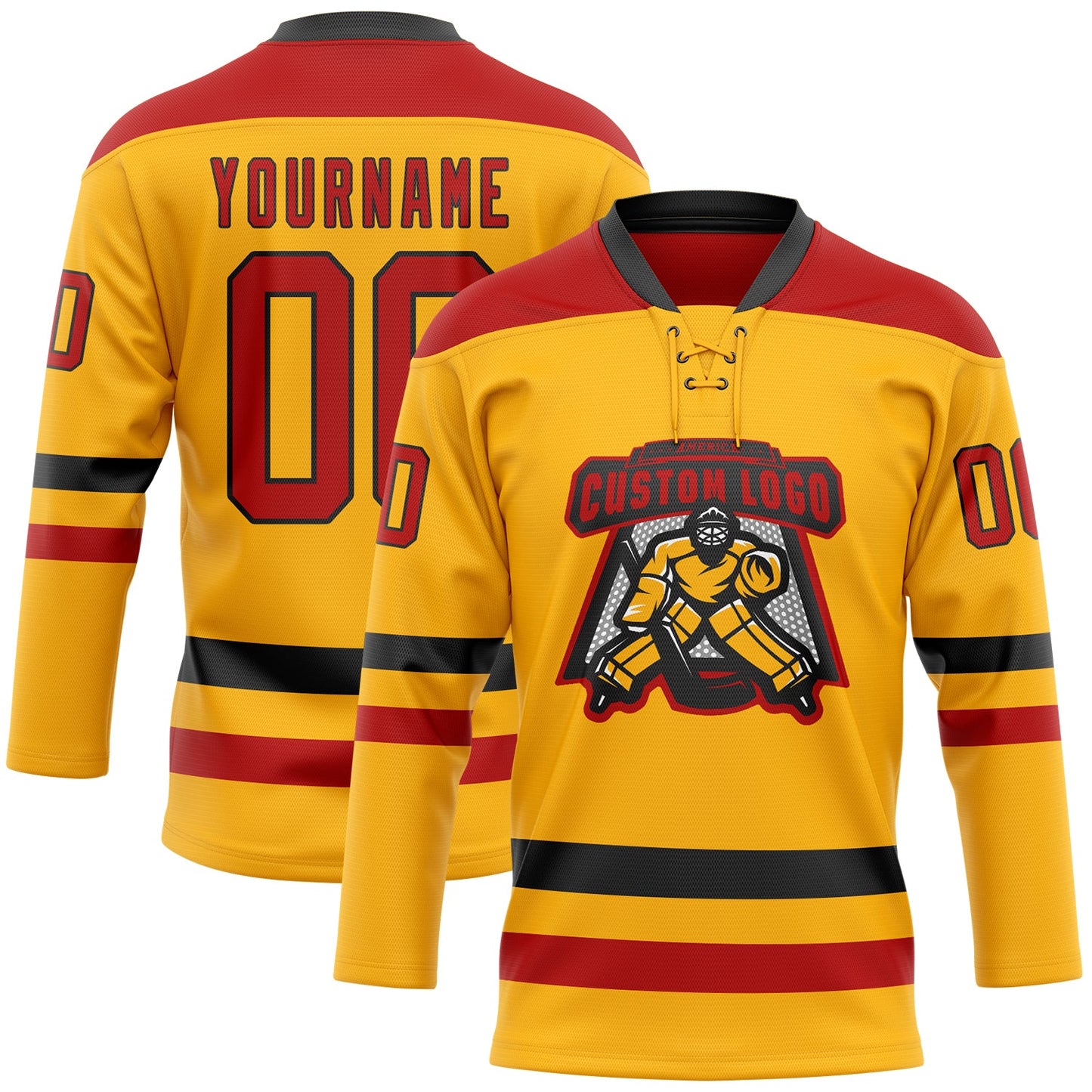 Custom Gold Red-Black Hockey Lace Neck Jersey view 2