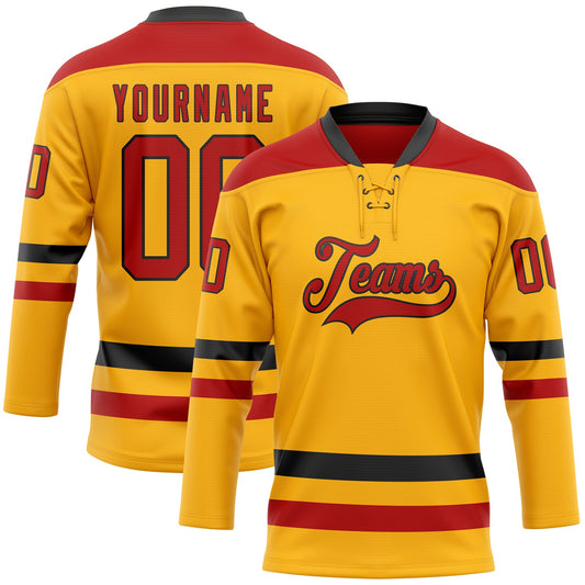 Custom Gold Red-Black Hockey Lace Neck Jersey - Main View