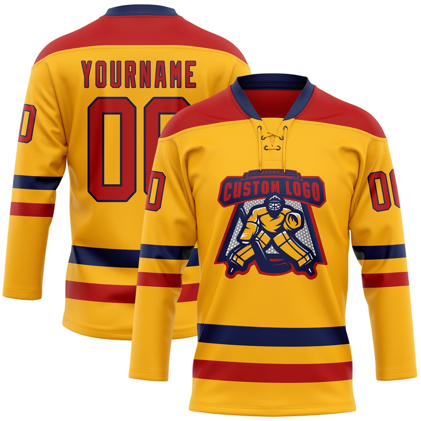 Custom Gold Red-Navy Hockey Lace Neck Jersey view 2