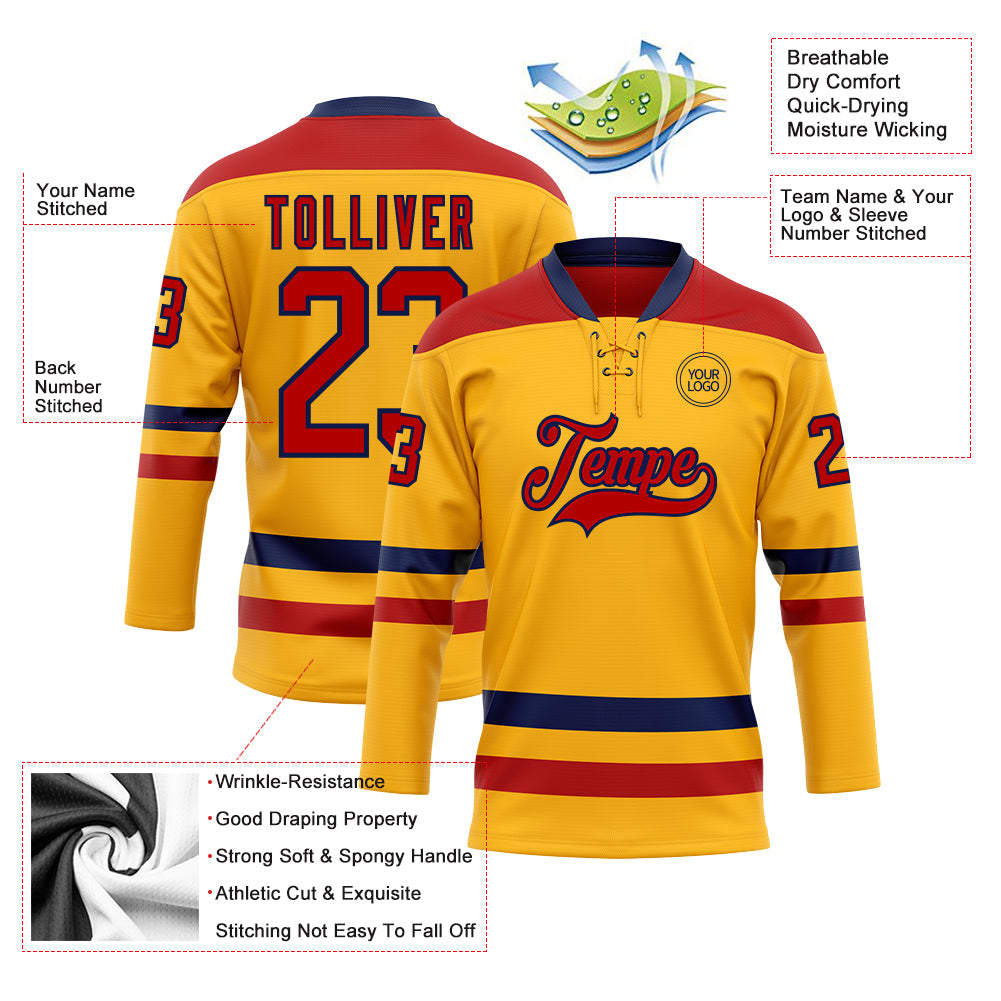 Custom Gold Red-Navy Hockey Lace Neck Jersey view 3