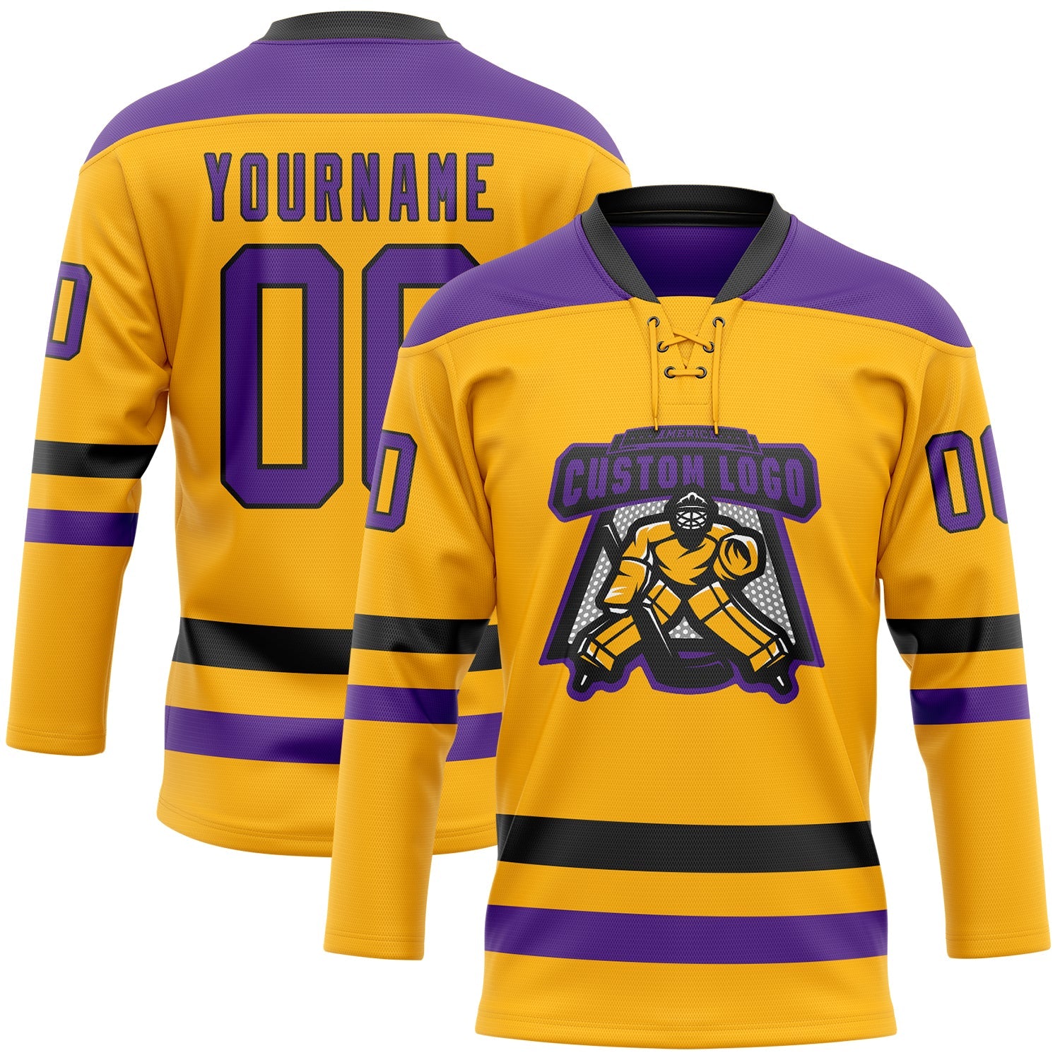 Custom Gold Purple-Black Hockey Lace Neck Jersey view 2