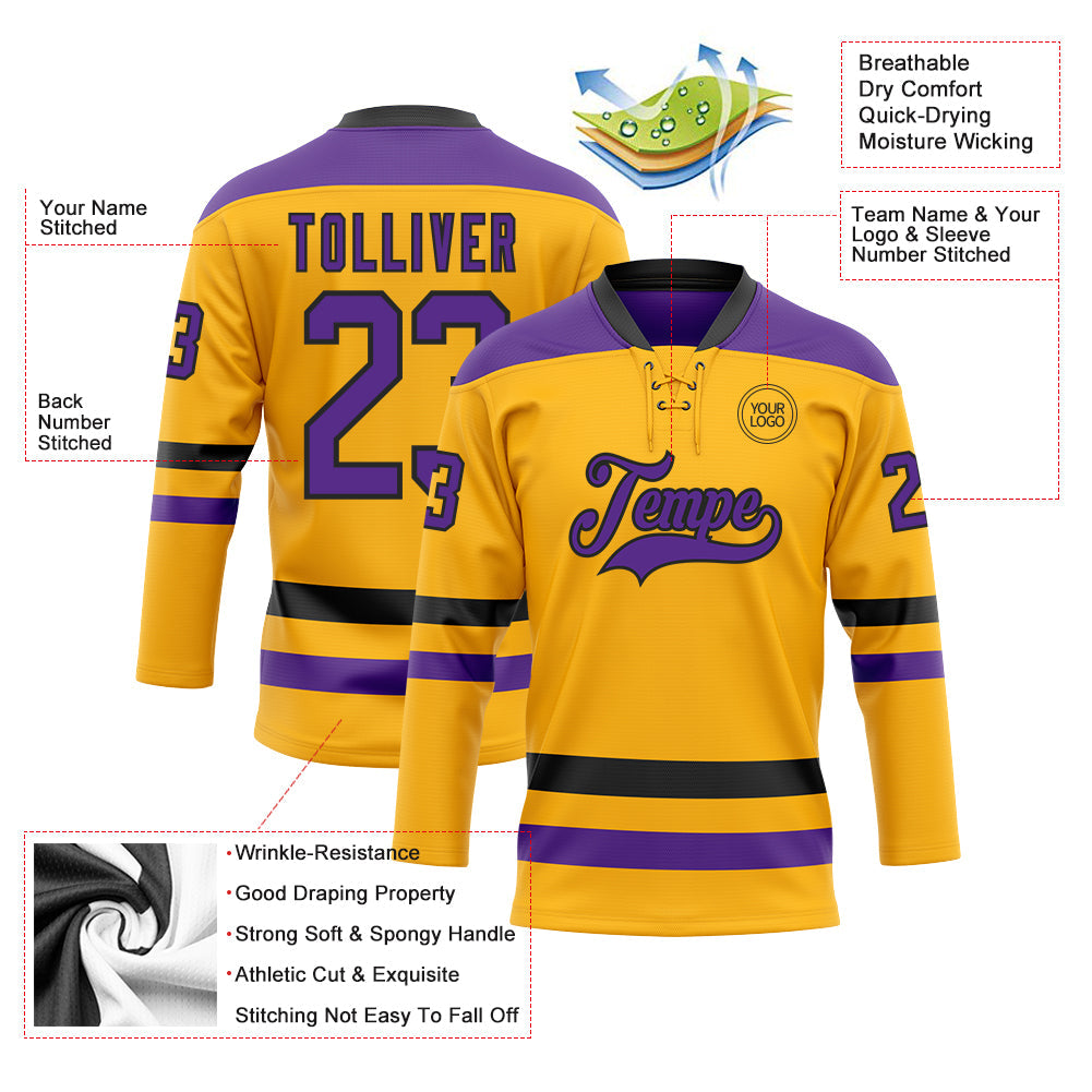Custom Gold Purple-Black Hockey Lace Neck Jersey view 3