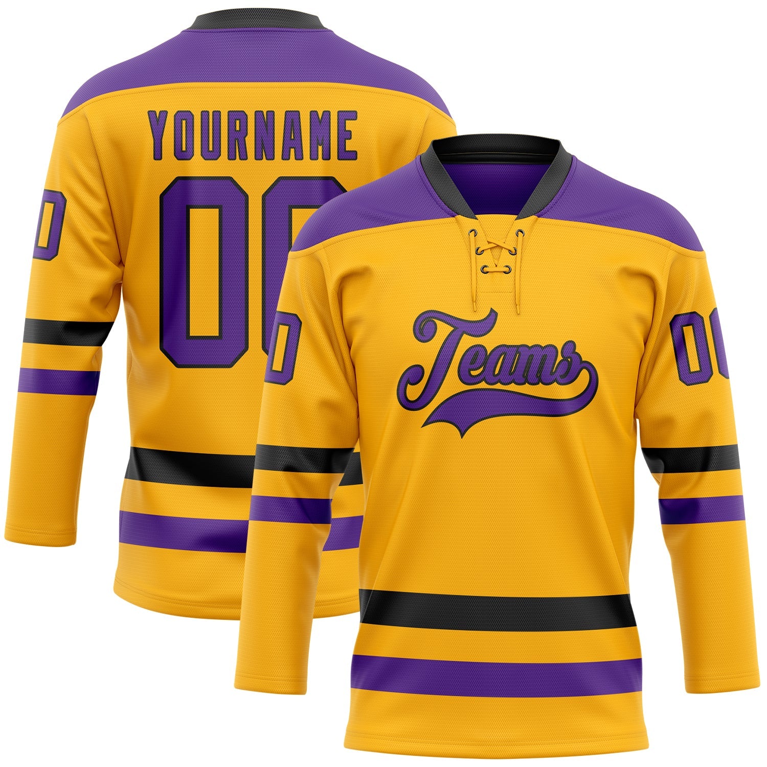 Custom Gold Purple-Black Hockey Lace Neck Jersey - Main View