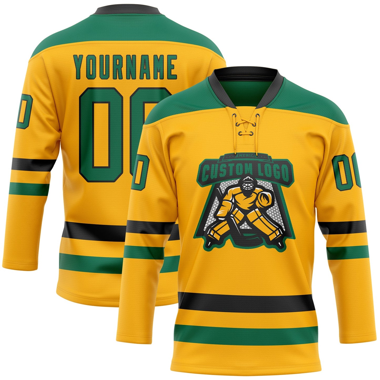 Custom Gold Kelly Green-Black Hockey Lace Neck Jersey view 2