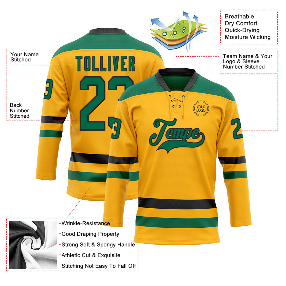 Custom Gold Kelly Green-Black Hockey Lace Neck Jersey view 3